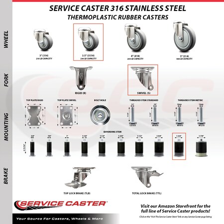 Service Caster 3.5 Inch 316SS Thermoplastic Rubber 1-3/4 Inch Stem Caster Lock Brake SCC, 2PK SCC-SS316TTLEX20S3514-TPRB-2-S-2-134